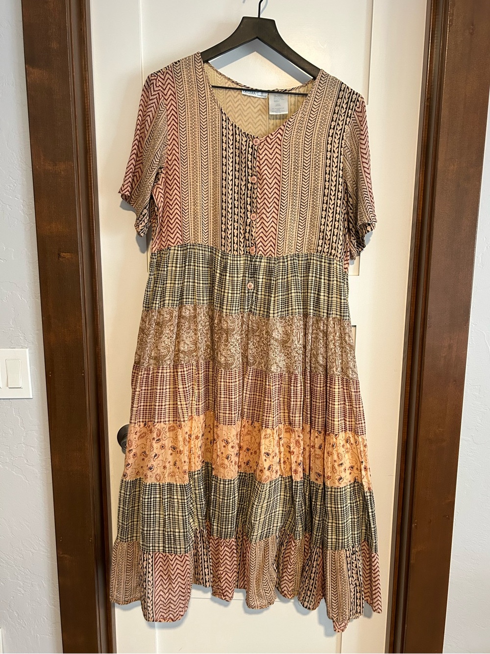 La Cera Floral / Paisley Patchwork Boho Peasant Midi Dress Size Large